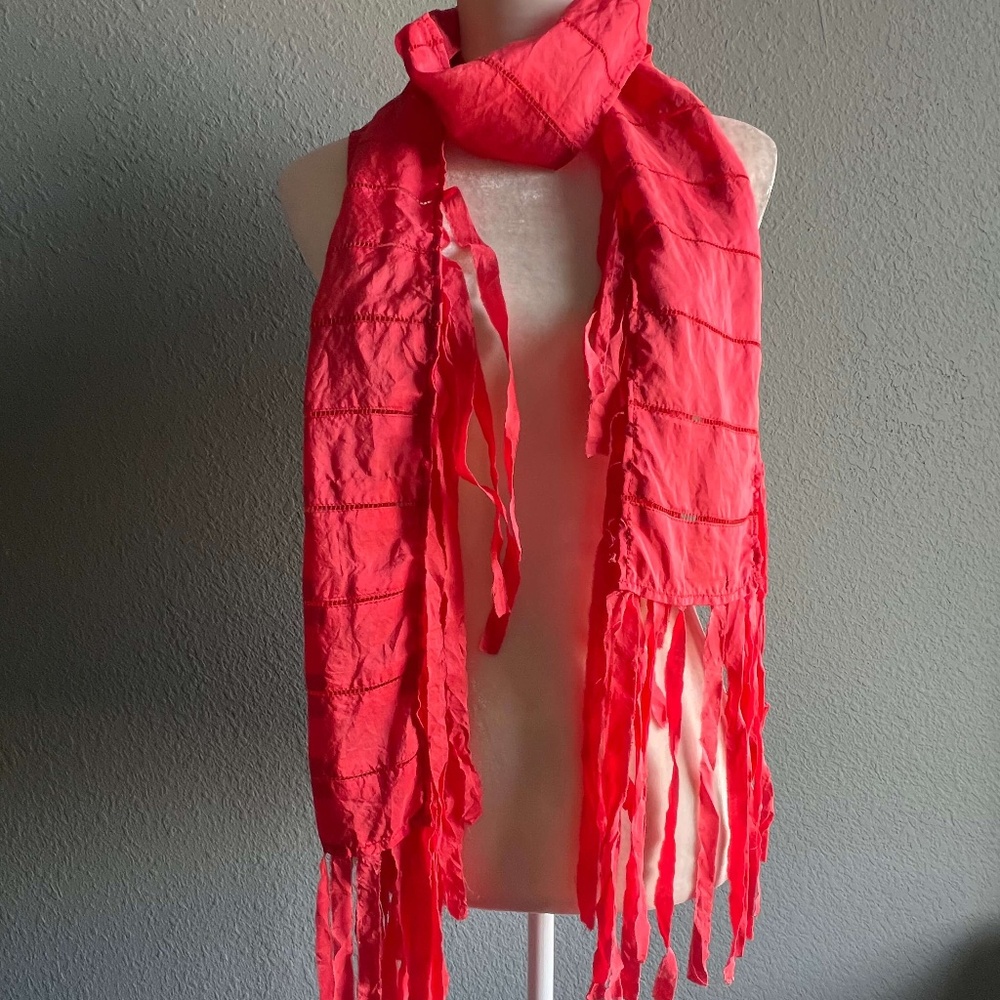 Unique, Fun, Fringed, Red, Long & Narrow Silk Scarf